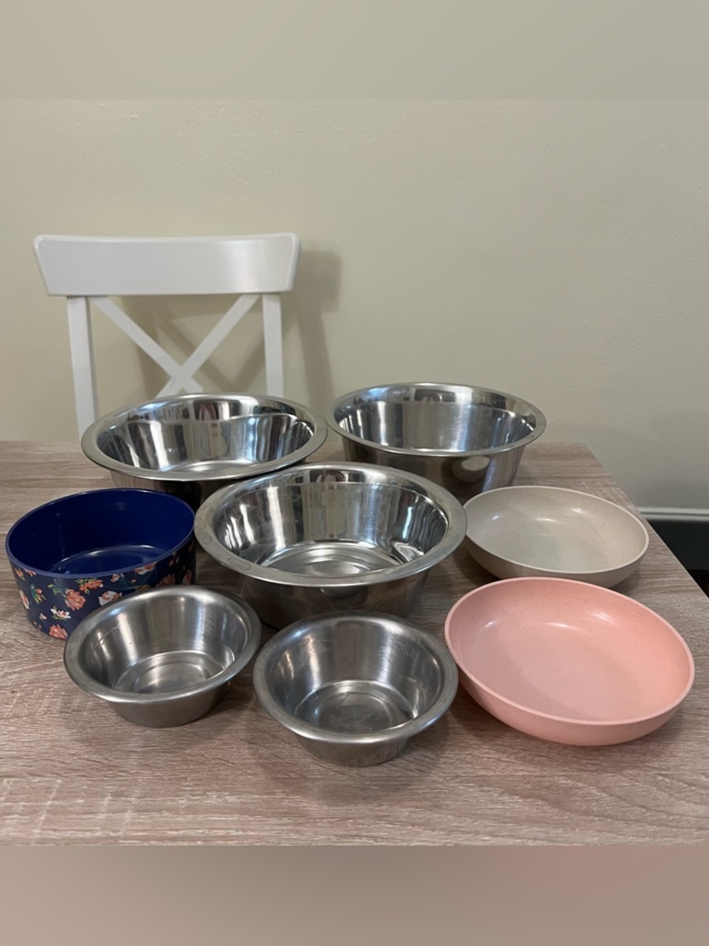 8 Stainless Steel miscellaneous pet dog cat bowls catch all bundle set chrome